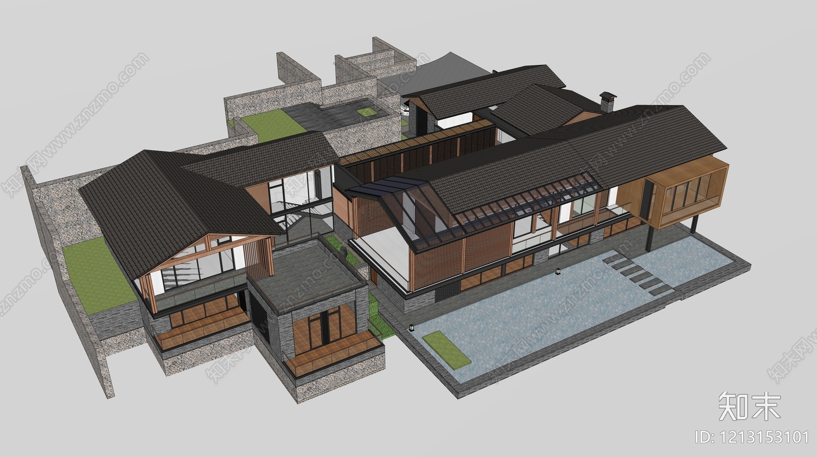 新中式民宿建筑SU模型下载【ID:1213153101】