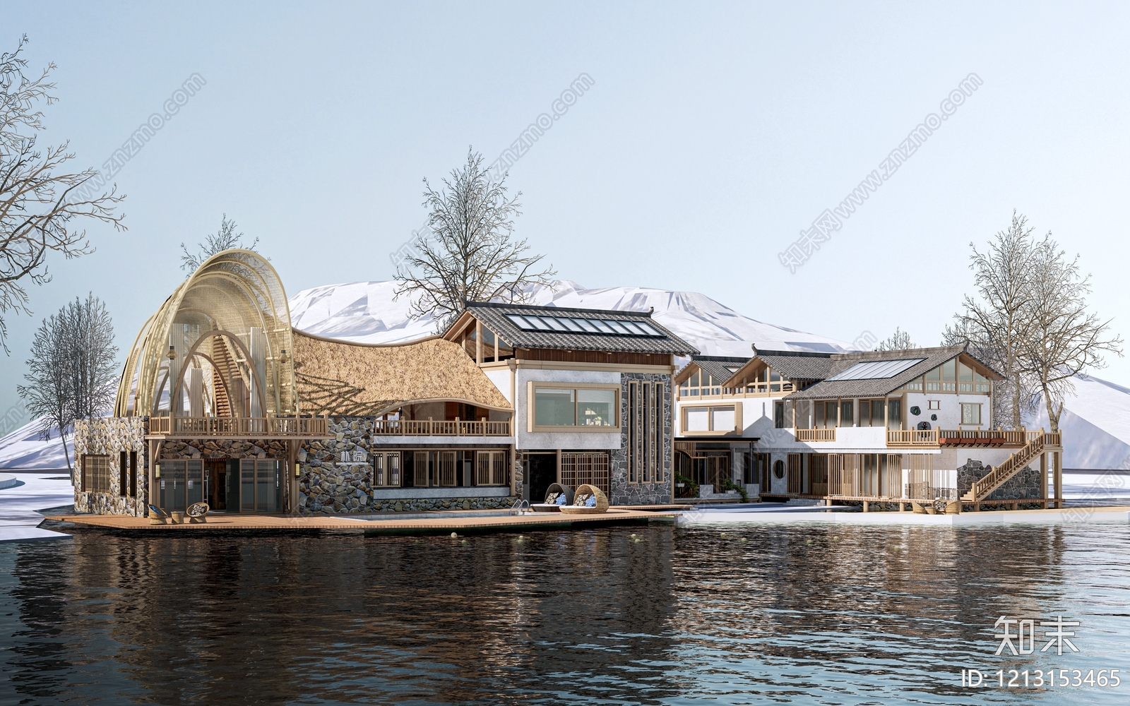 新中式民宿建筑SU模型下载【ID:1213153465】