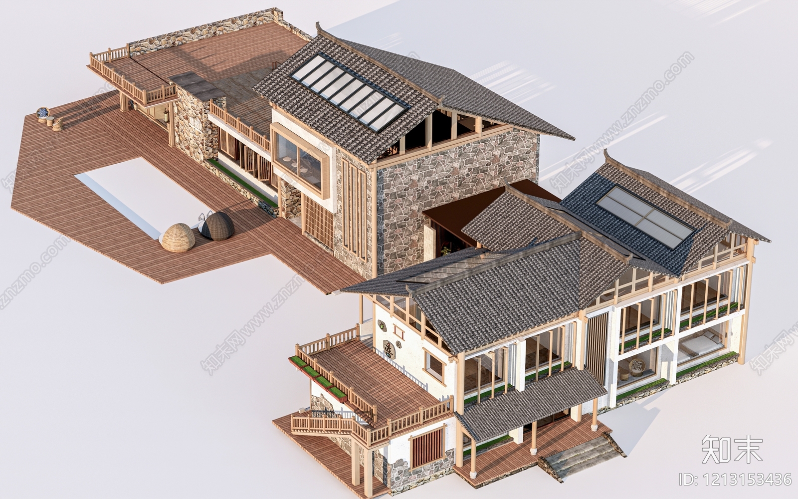 新中式民宿建筑SU模型下载【ID:1213153436】