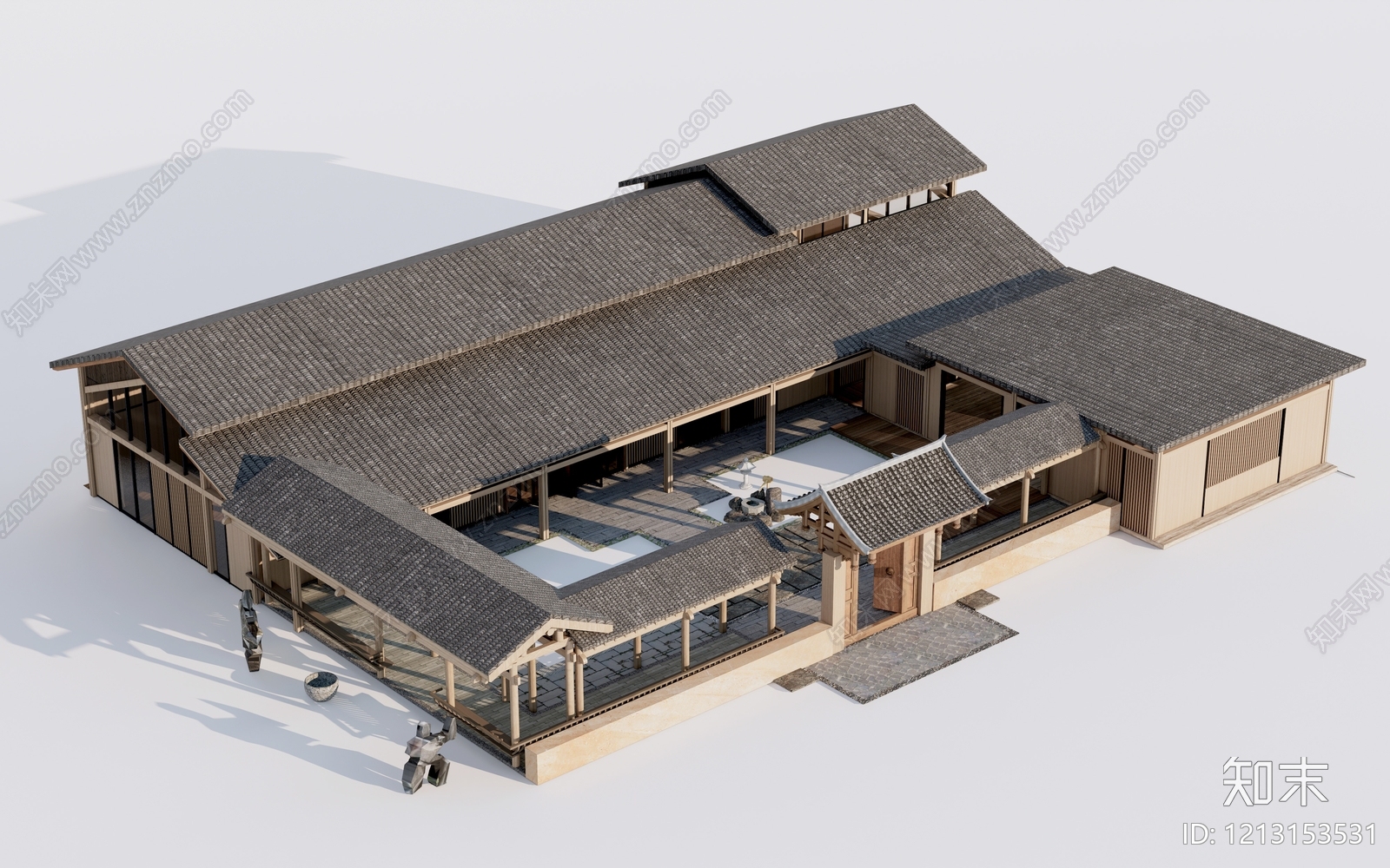 新中式民宿建筑SU模型下载【ID:1213153531】