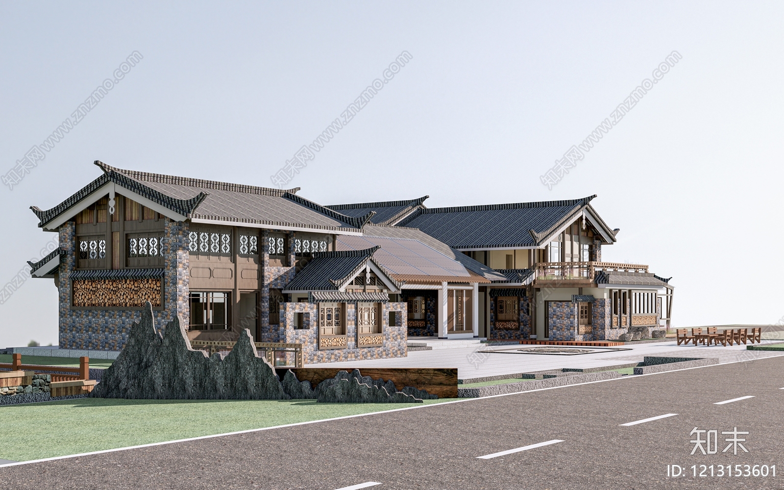 新中式民宿建筑SU模型下载【ID:1213153601】