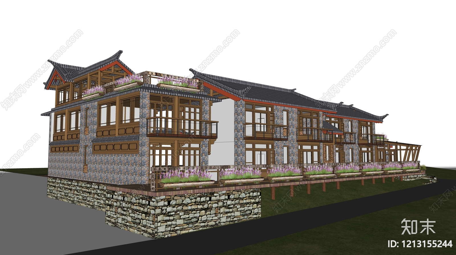 新中式民宿建筑SU模型下载【ID:1213155244】