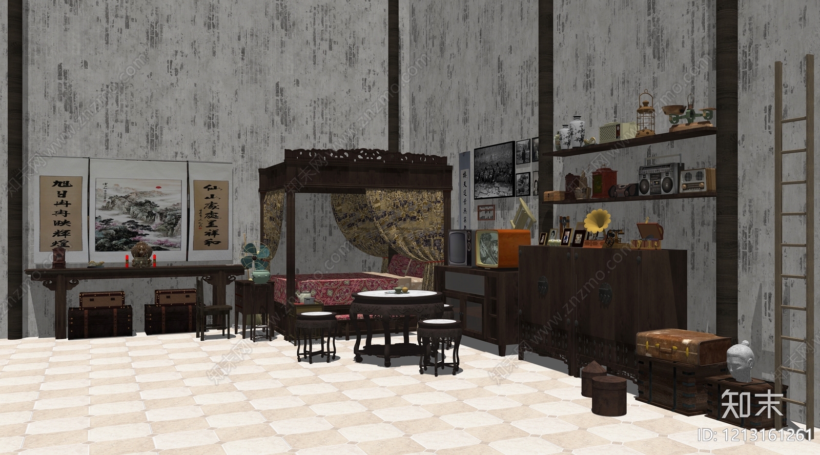 中式家居卧室SU模型下载【ID:1213161261】