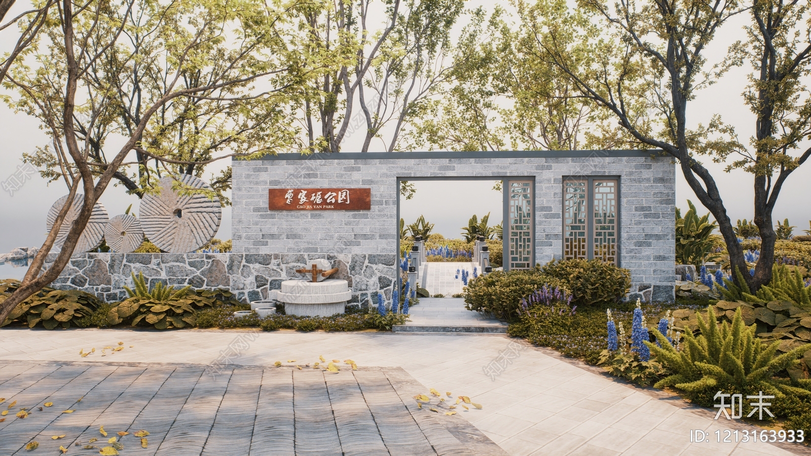 新中式景观入口大门SU模型下载【ID:1213163933】