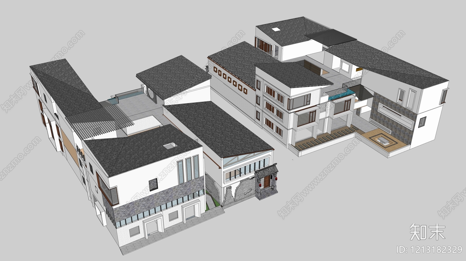 新中式民宿建筑SU模型下载【ID:1213182329】