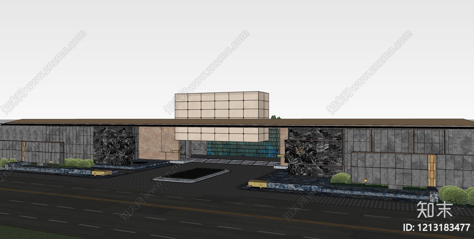 新中式售楼处建筑SU模型下载【ID:1213183477】