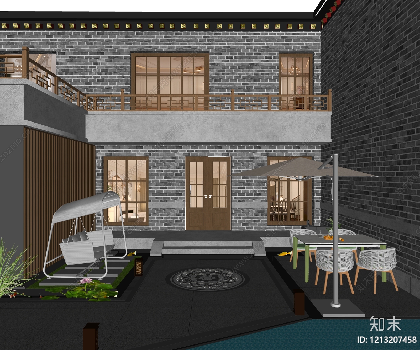 新中式别墅庭院SU模型下载【ID:1213207458】