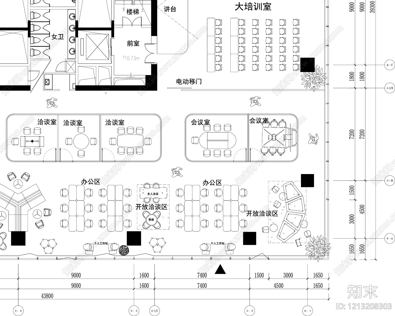 轻奢开放办公室cad施工图下载【ID:1213208303】