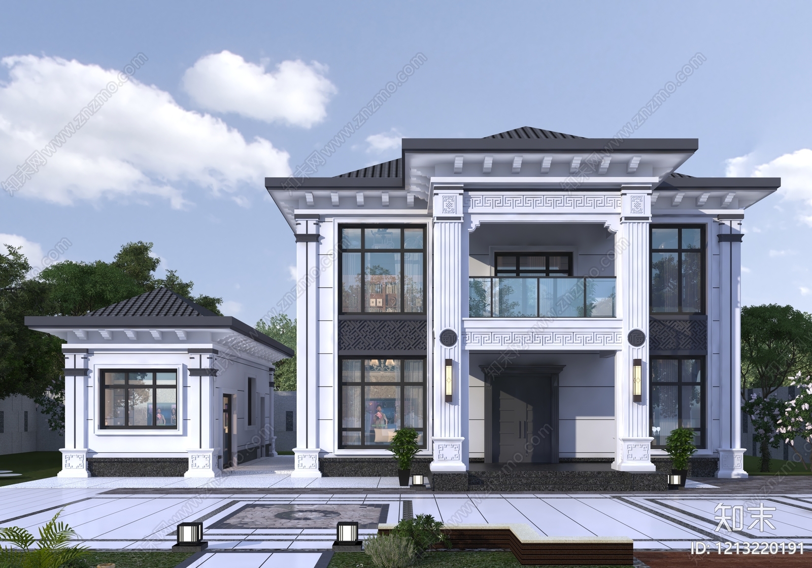 新中式别墅外观3D模型下载【ID:1213220191】