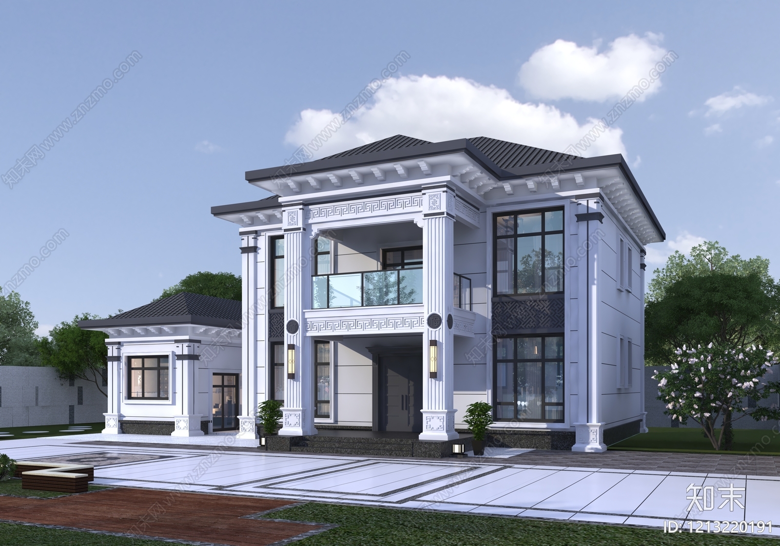 新中式别墅外观3D模型下载【ID:1213220191】