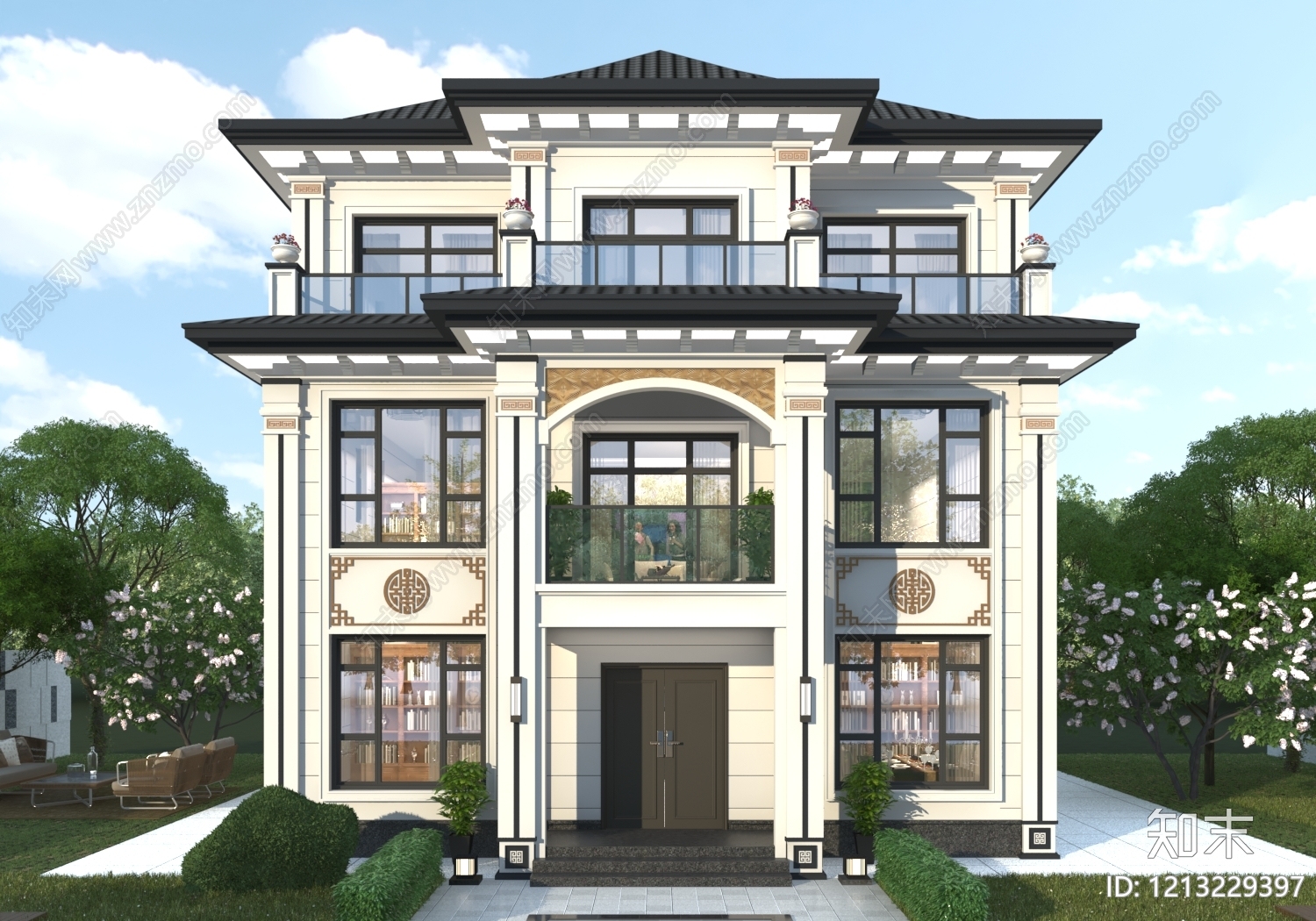 新中式别墅外观3D模型下载【ID:1213229397】