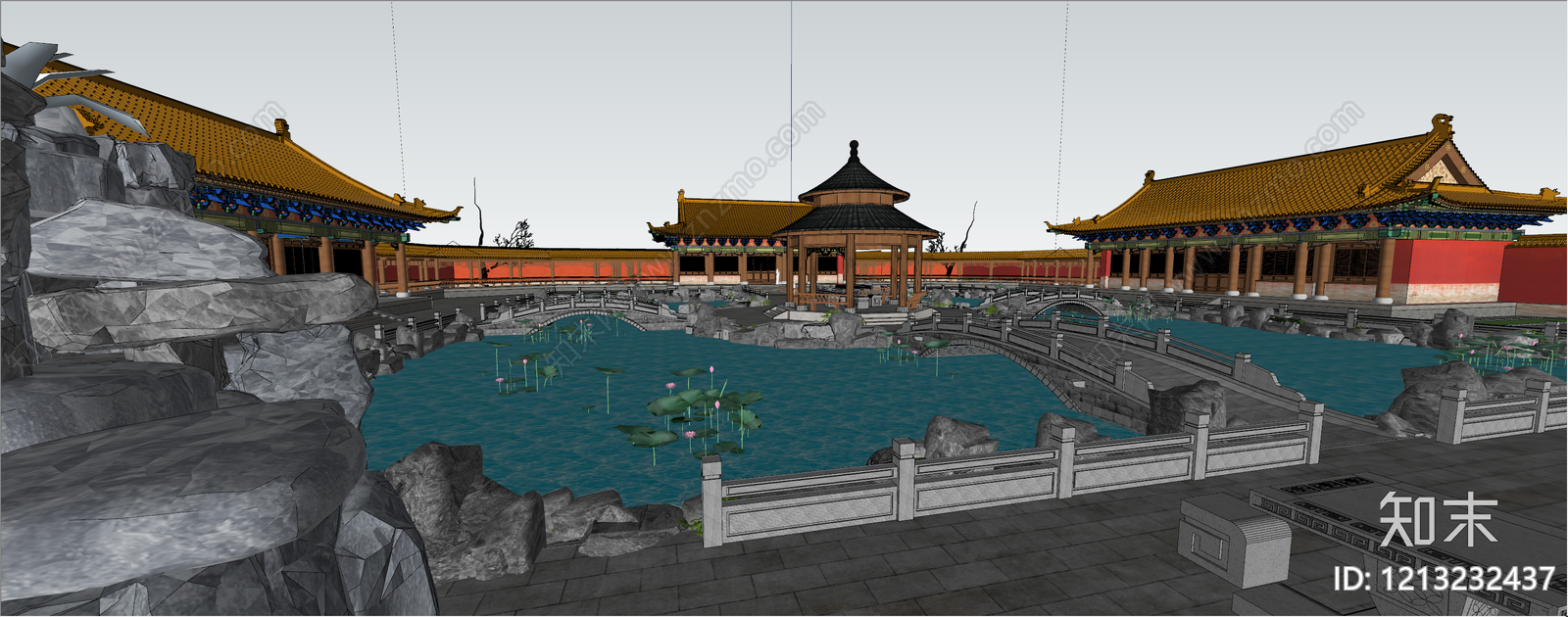 新中式古建筑SU模型下载【ID:1213232437】