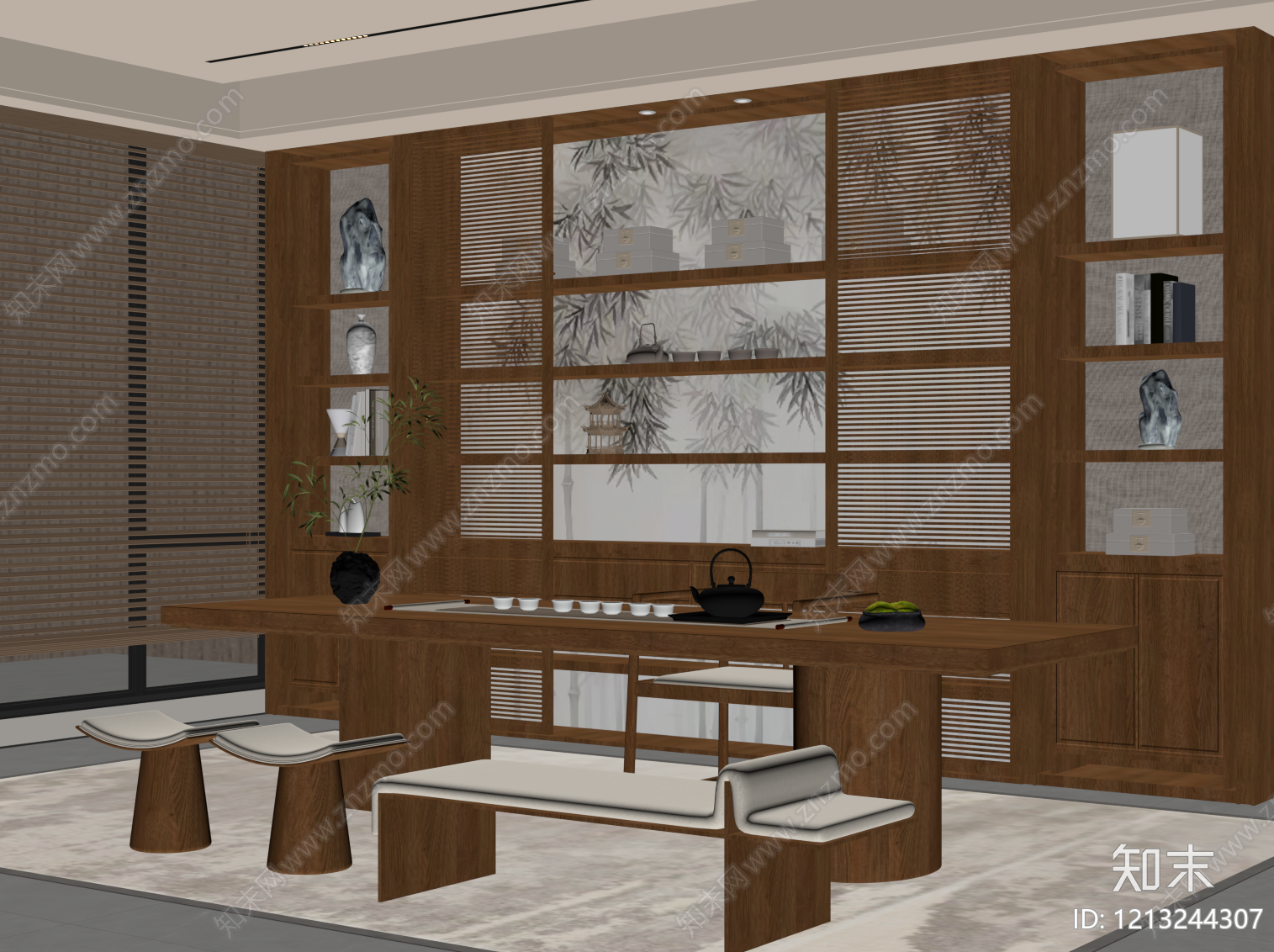 新中式茶室SU模型下载【ID:1213244307】