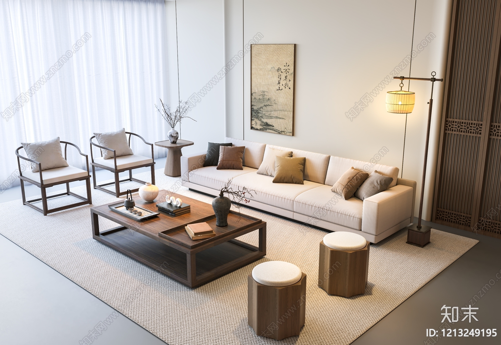 新中式宋式客厅3D模型下载【ID:1213249195】_知末3d模型网