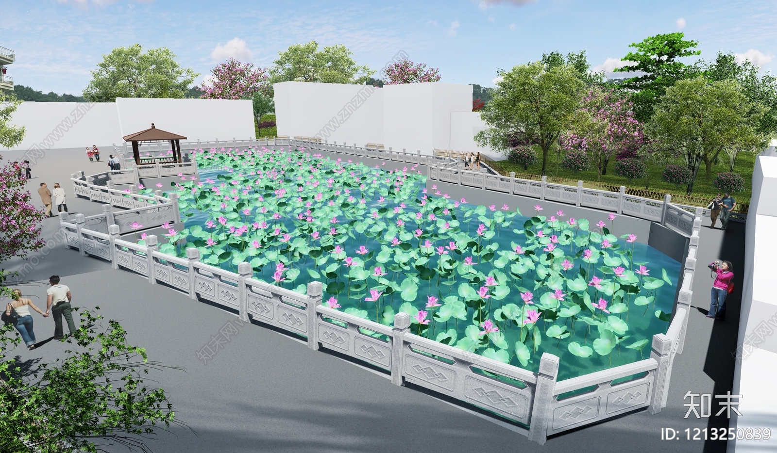 新中式景观人工水池SU模型下载【ID:1213250839】