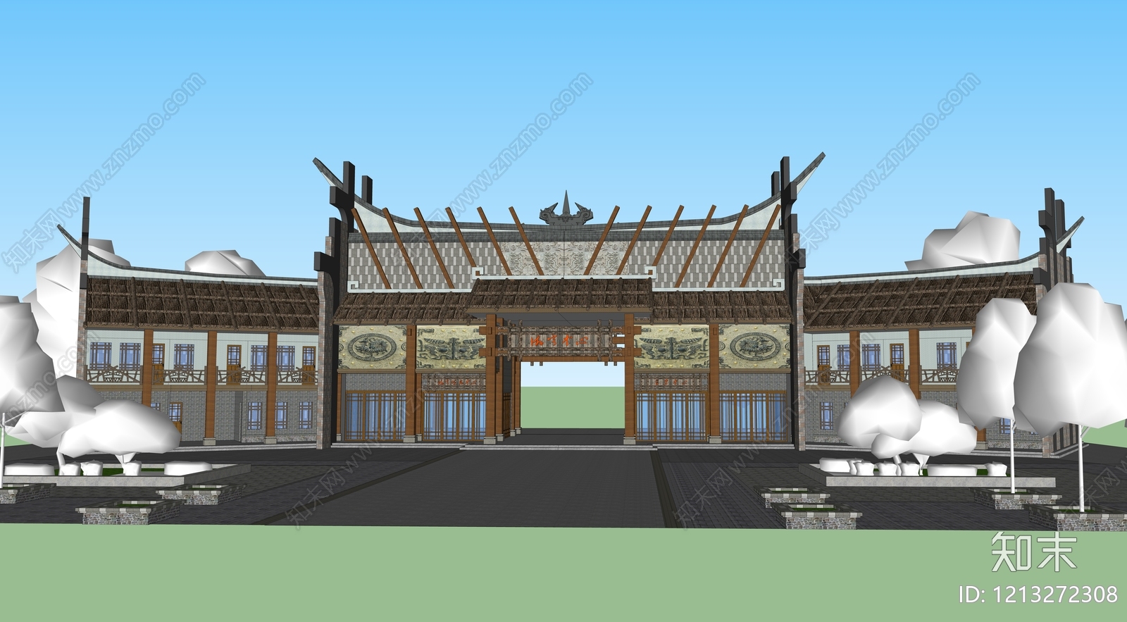 新中式风格建筑SU模型下载【ID:1213272308】