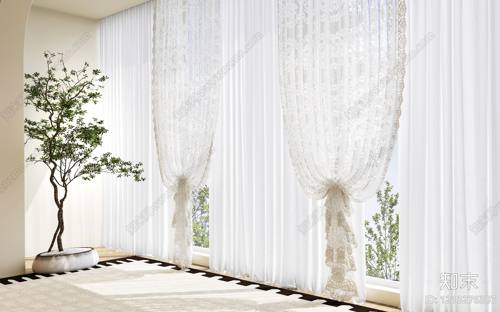 奶油风罗马杆窗帘3D模型下载【ID:1213276307】