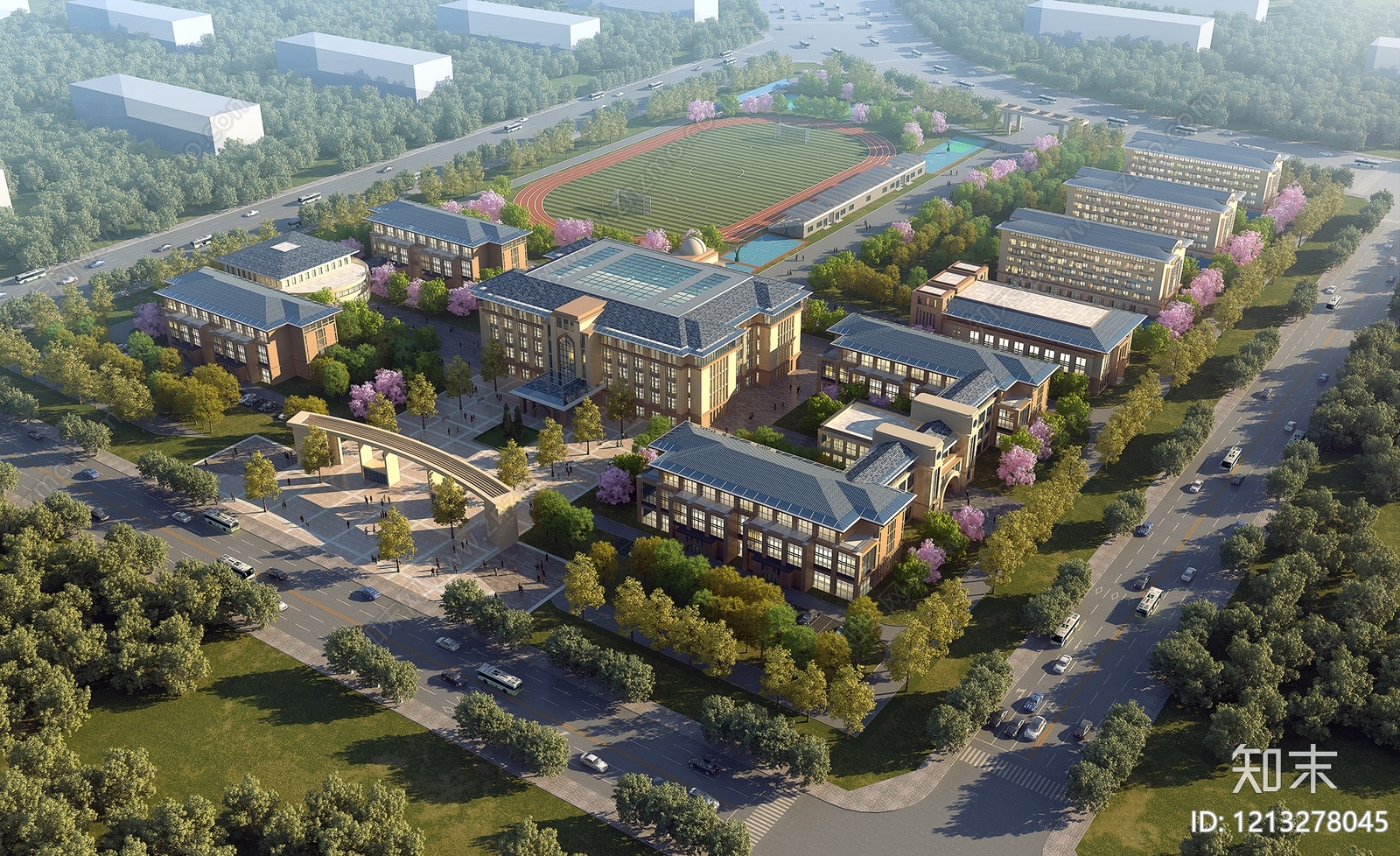 新中式学校外观3D模型下载【ID:1213278045】