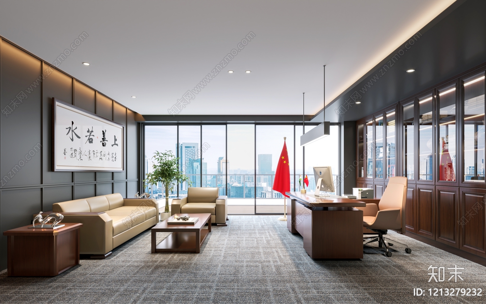 新中式董事长办公室3D模型下载【ID:1213279232】