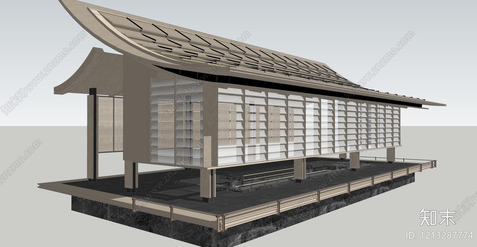 新中式风格建筑SU模型下载【ID:1213287774】