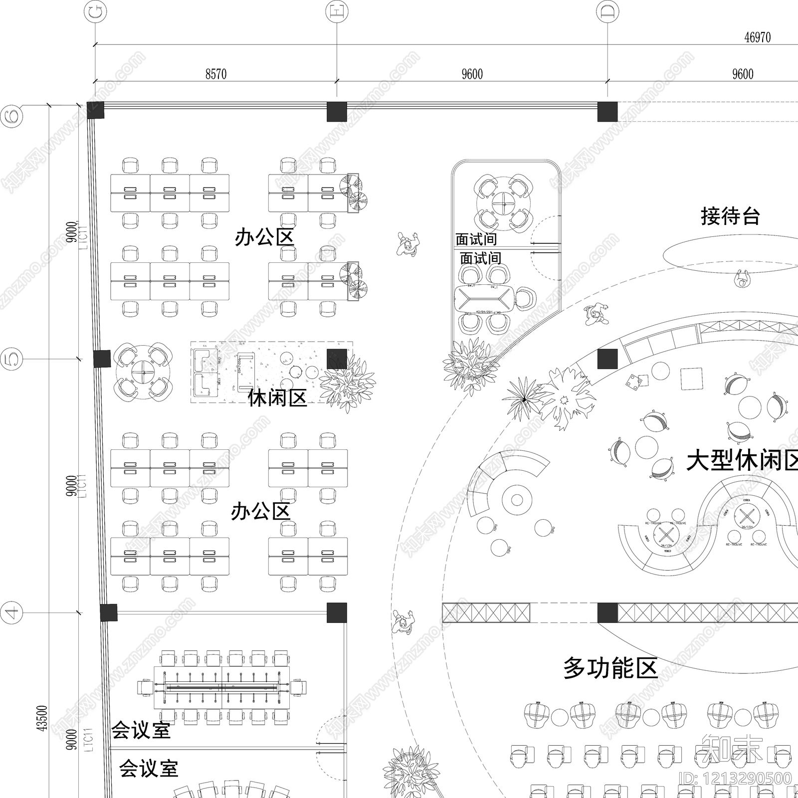 现代开放办公室cad施工图下载【ID:1213290500】