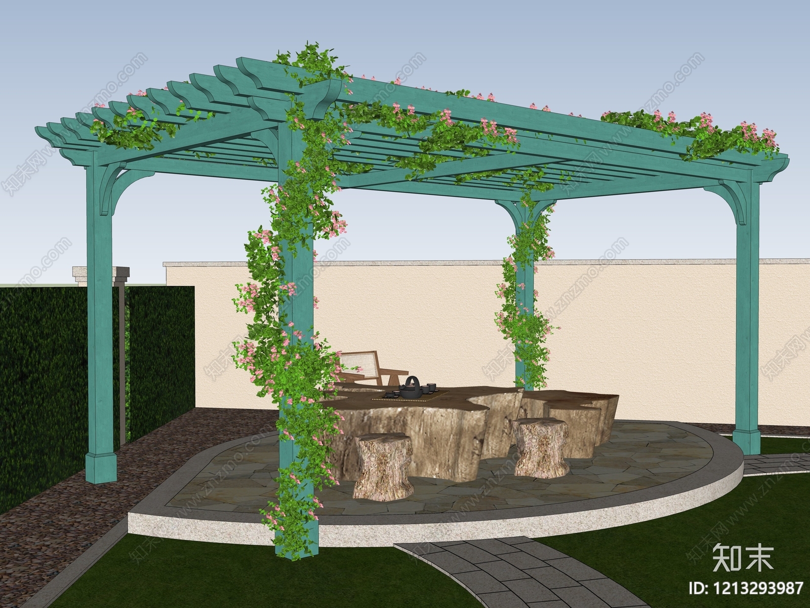 新中式景观廊架空间SU模型下载【ID:1213293987】