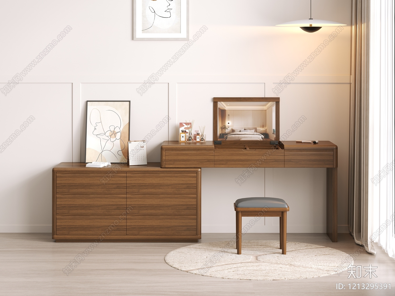 原木风妆台妆凳3D模型下载【ID:1213295391】