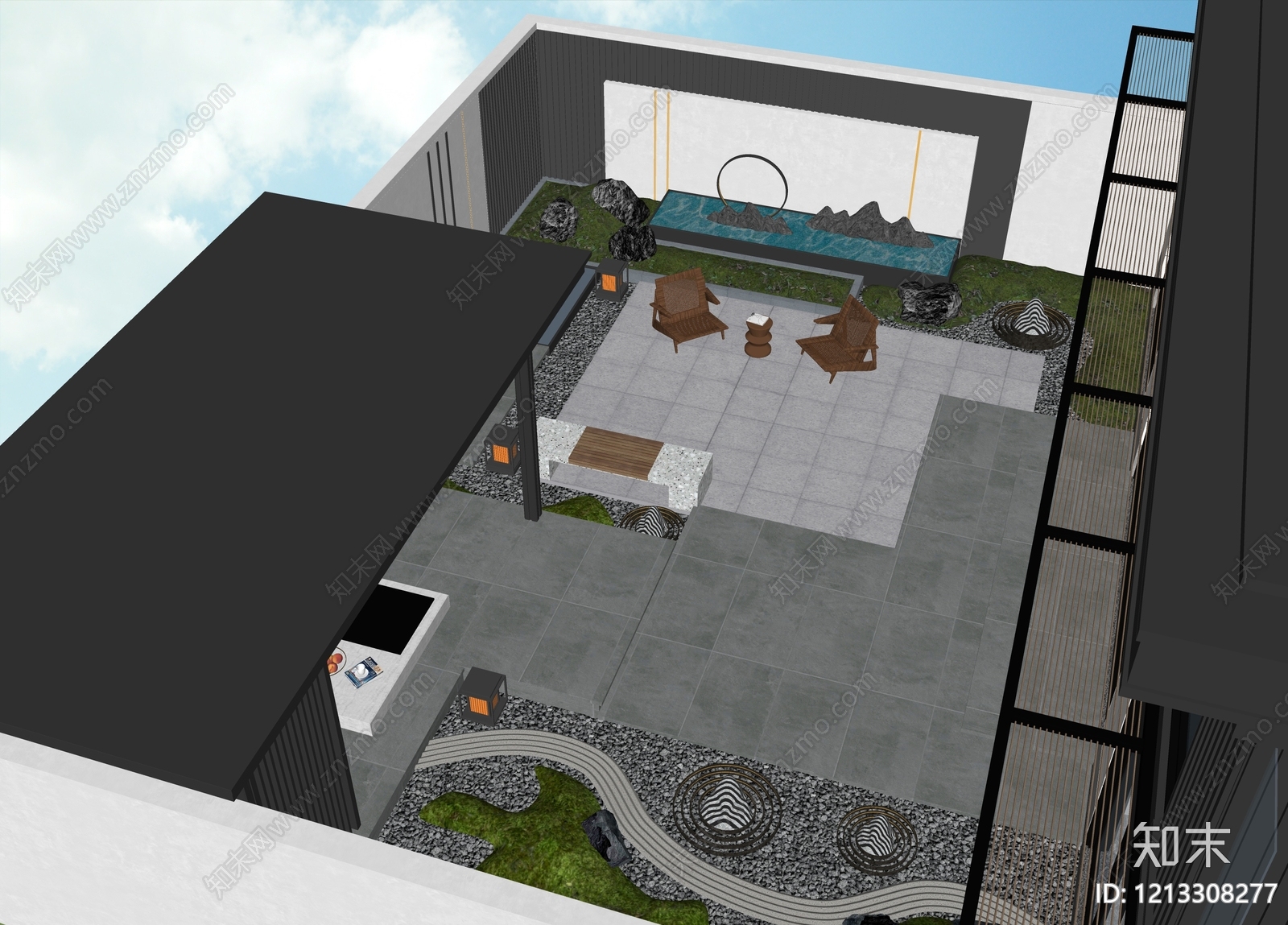 新中式别墅庭院SU模型下载【ID:1213308277】
