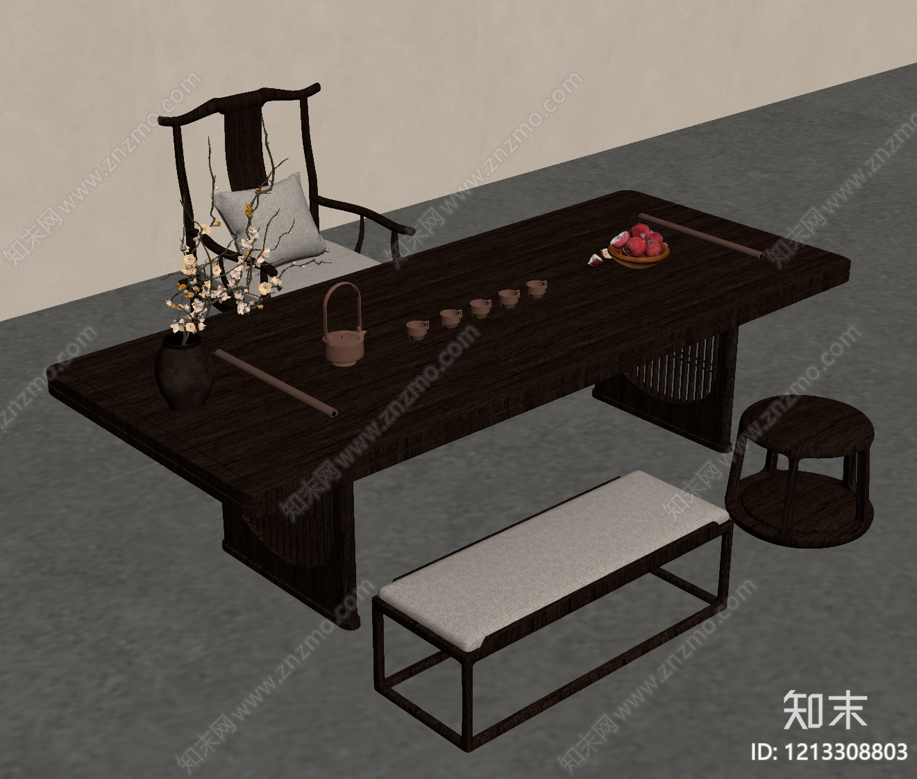 新中式茶桌椅SU模型下载【ID:1213308803】
