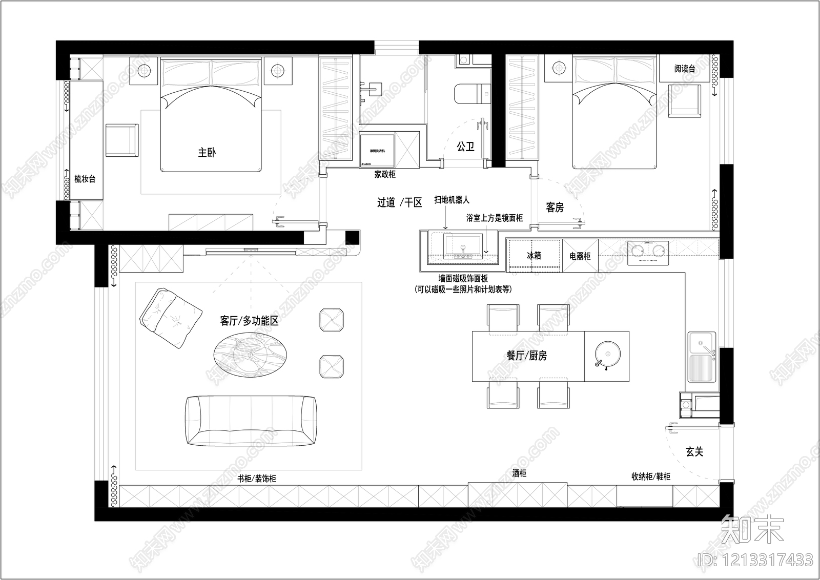 小户型平层cad施工图下载【ID:1213317433】