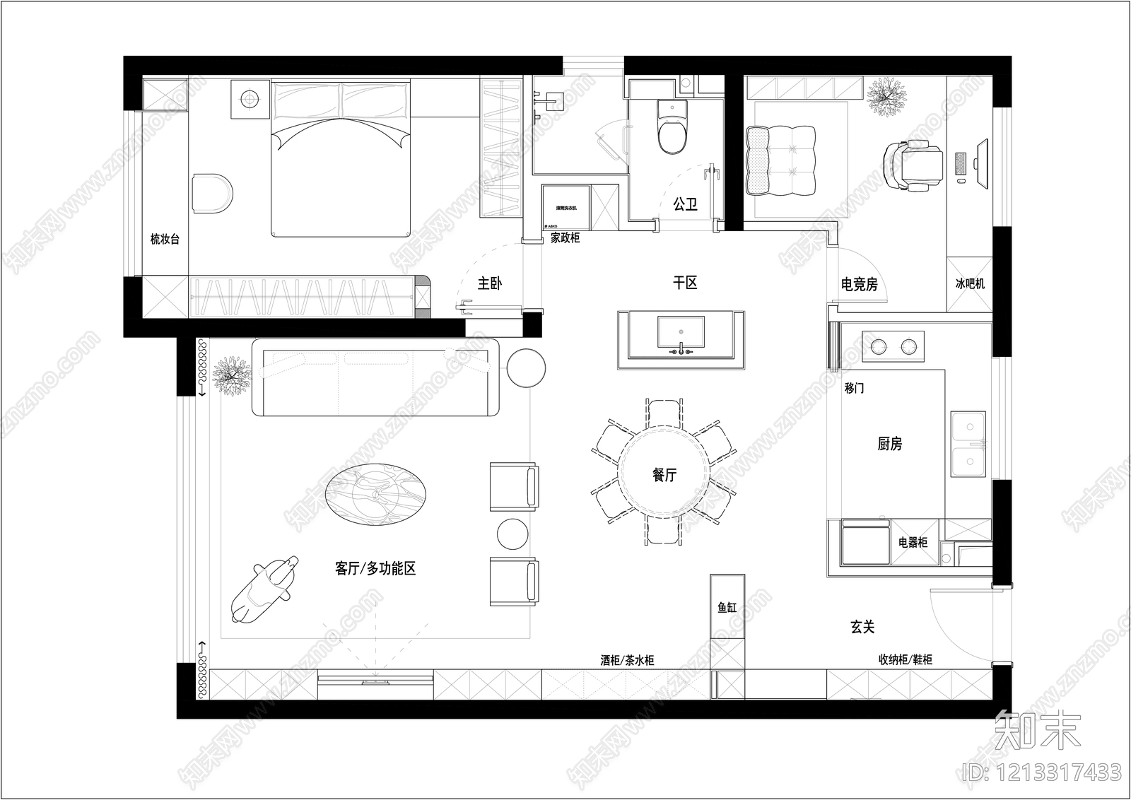 小户型平层cad施工图下载【ID:1213317433】
