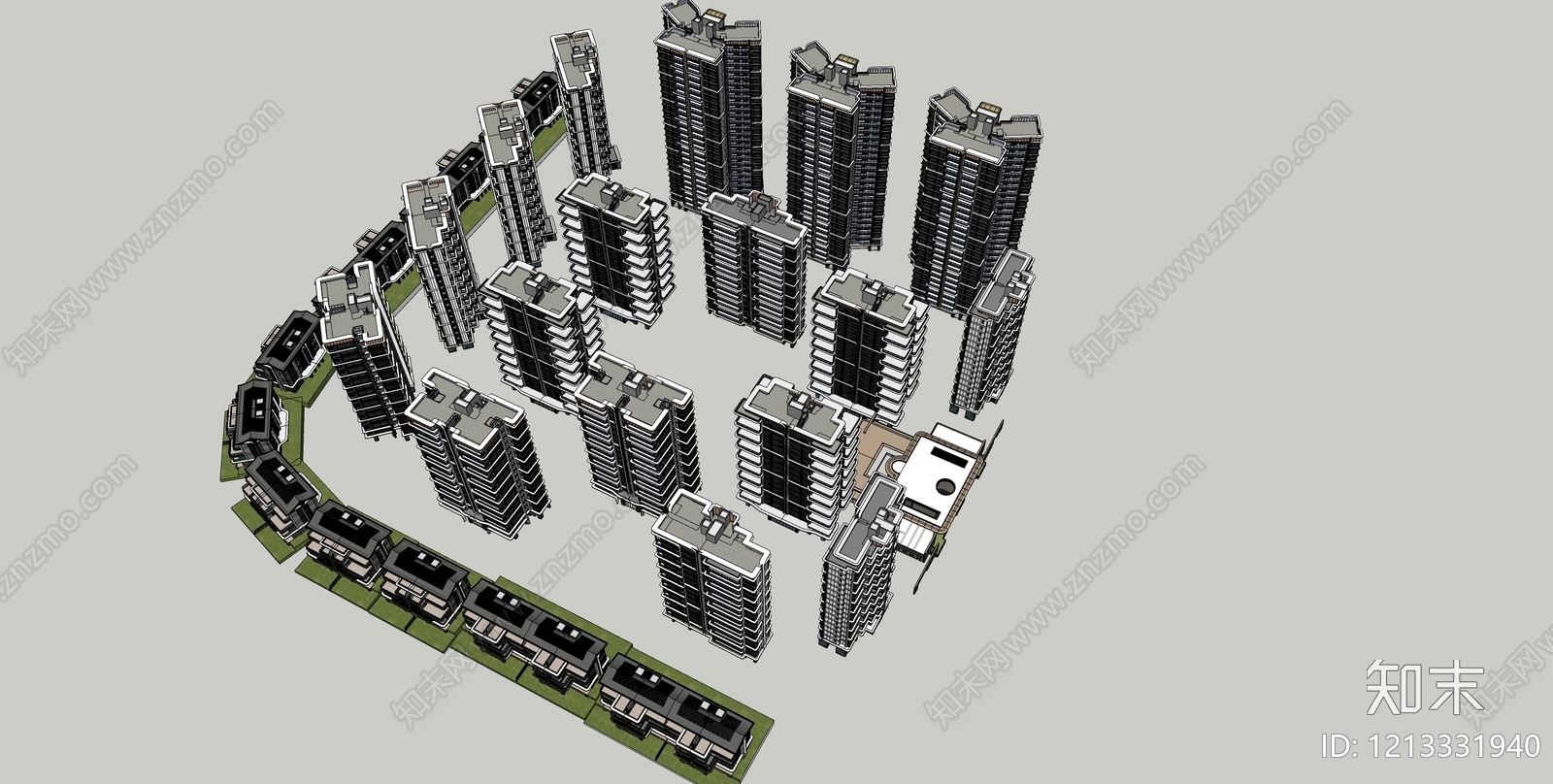 现代新中式小区建筑SU模型下载【ID:1213331940】