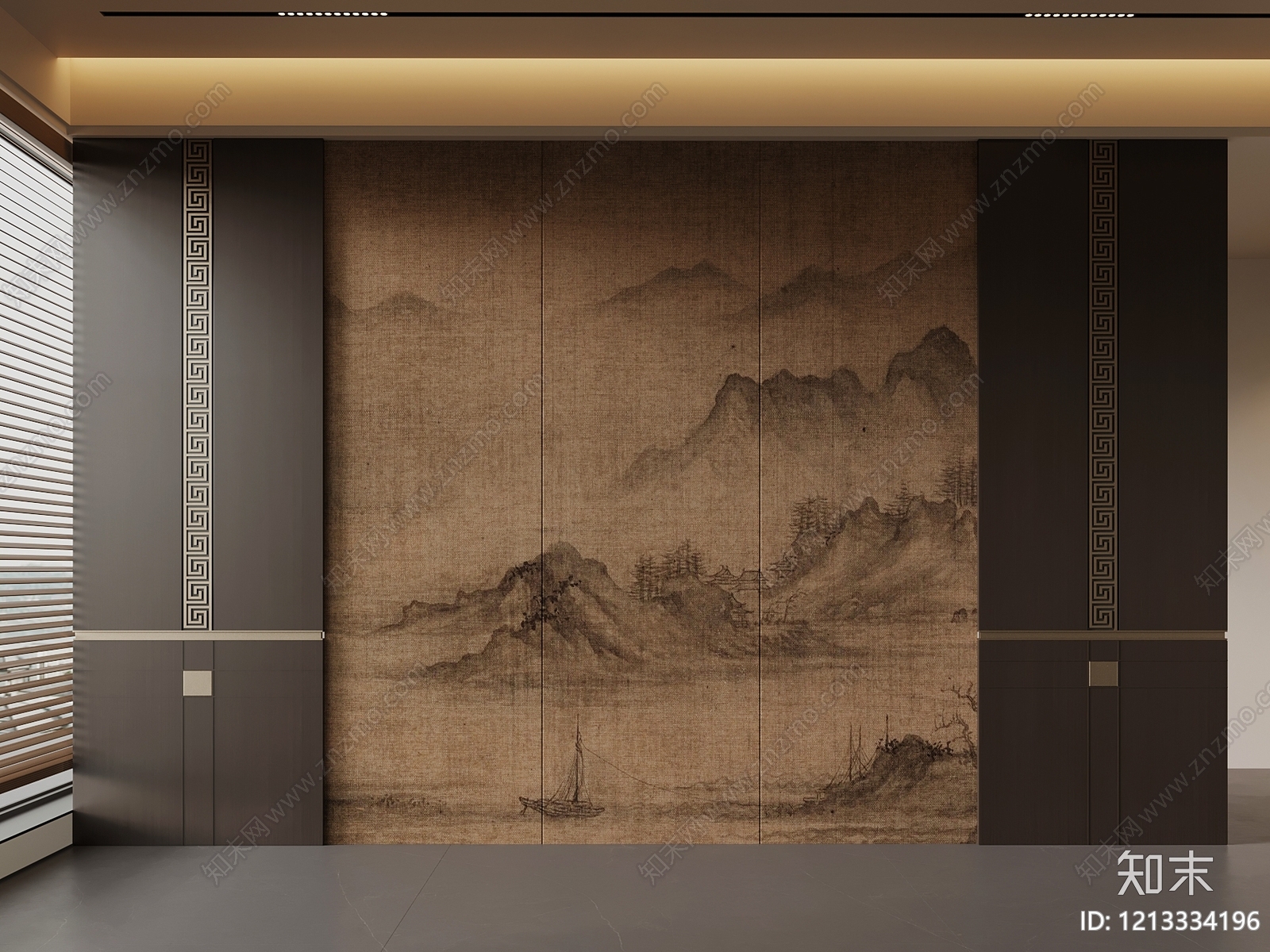 新中式背景墙SU模型下载【ID:1213334196】
