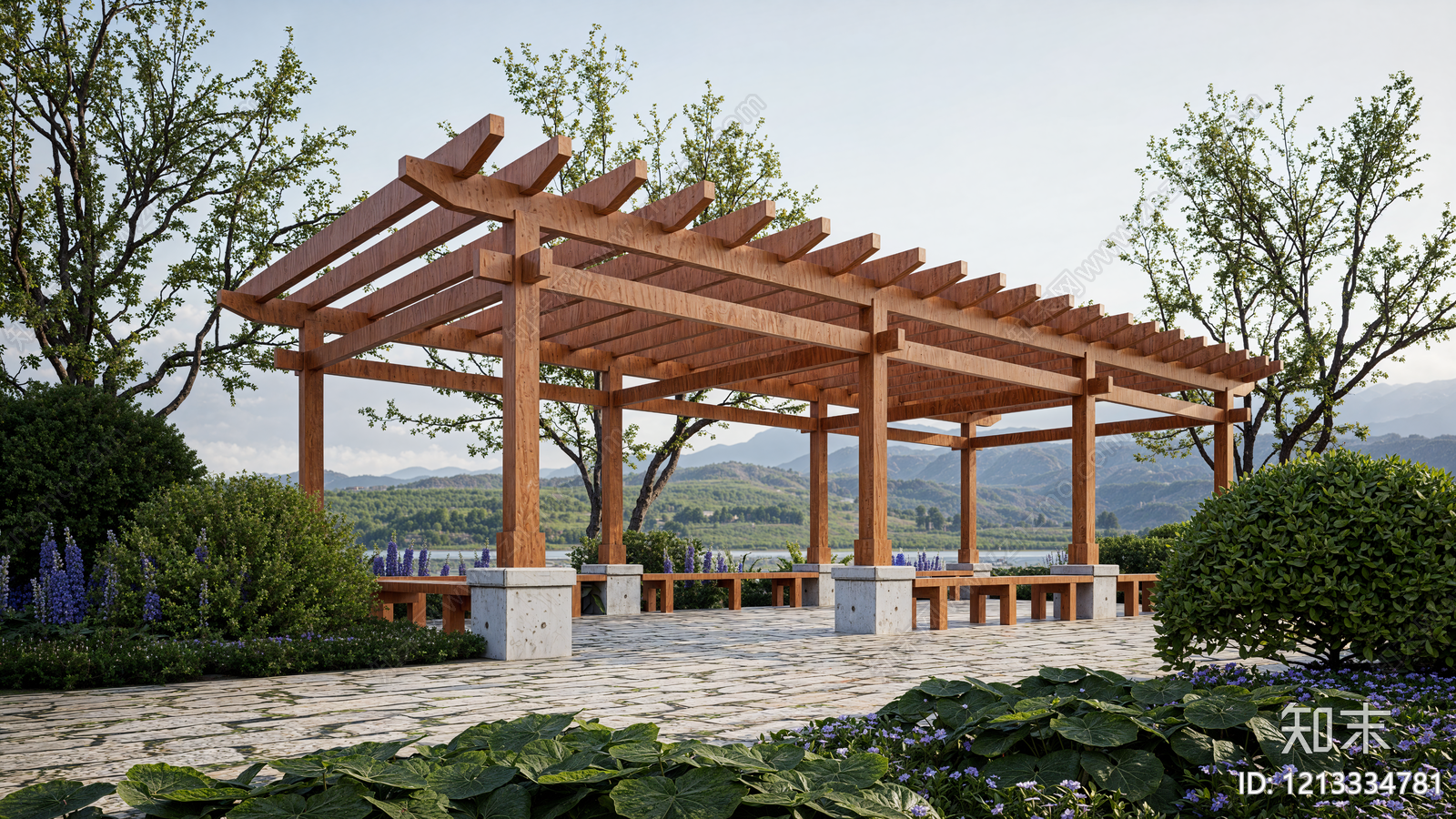 新中式景观廊架空间SU模型下载【ID:1213334781】