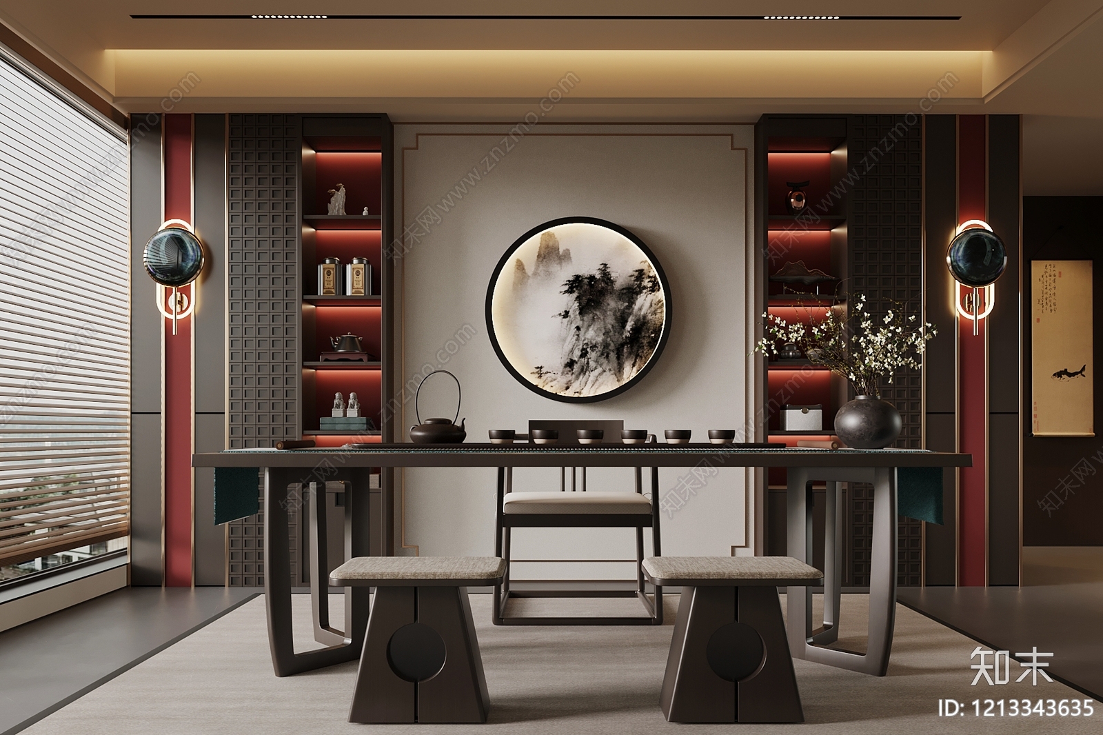 新中式茶室SU模型下载【ID:1213343635】