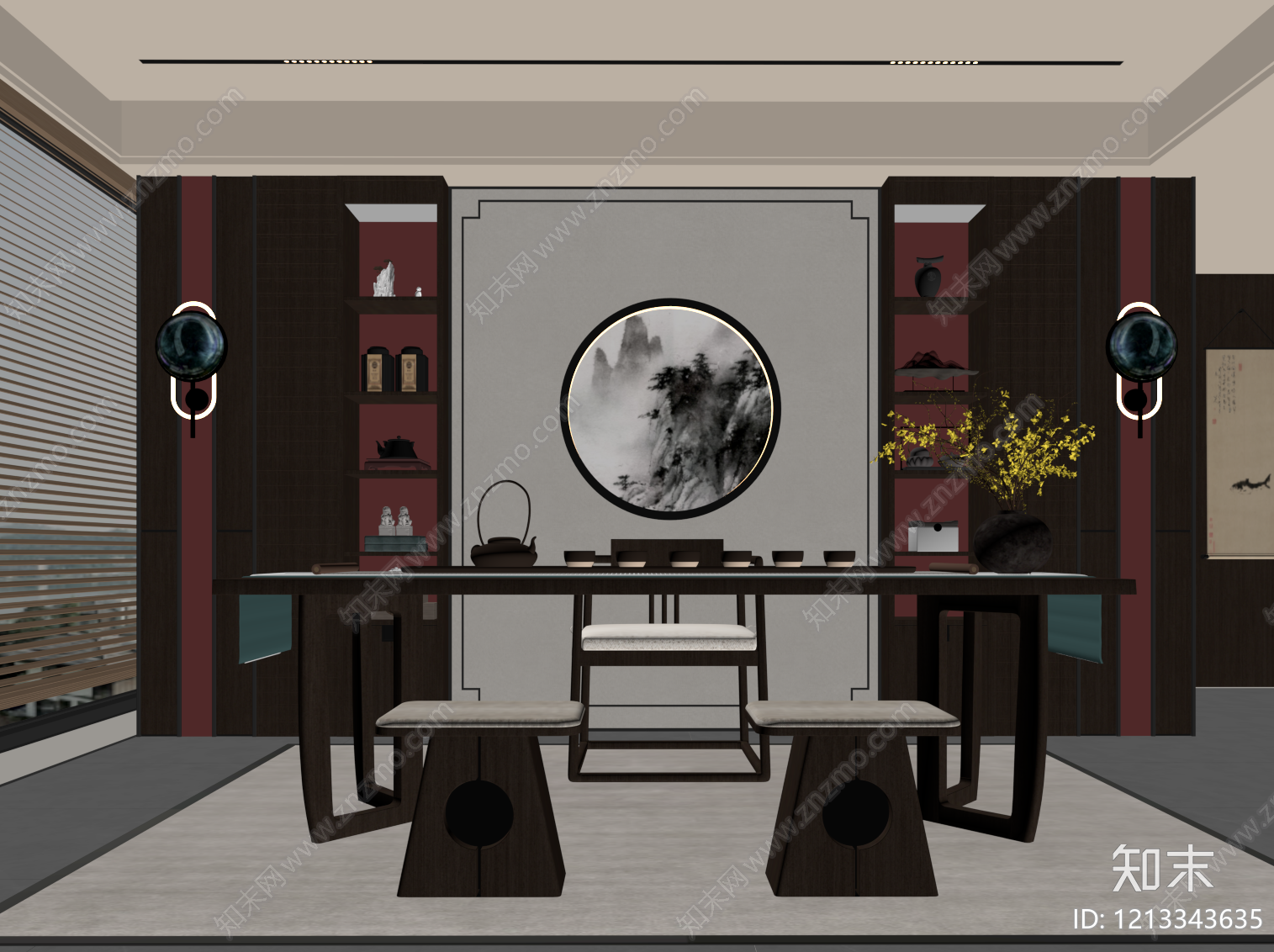 新中式茶室SU模型下载【ID:1213343635】