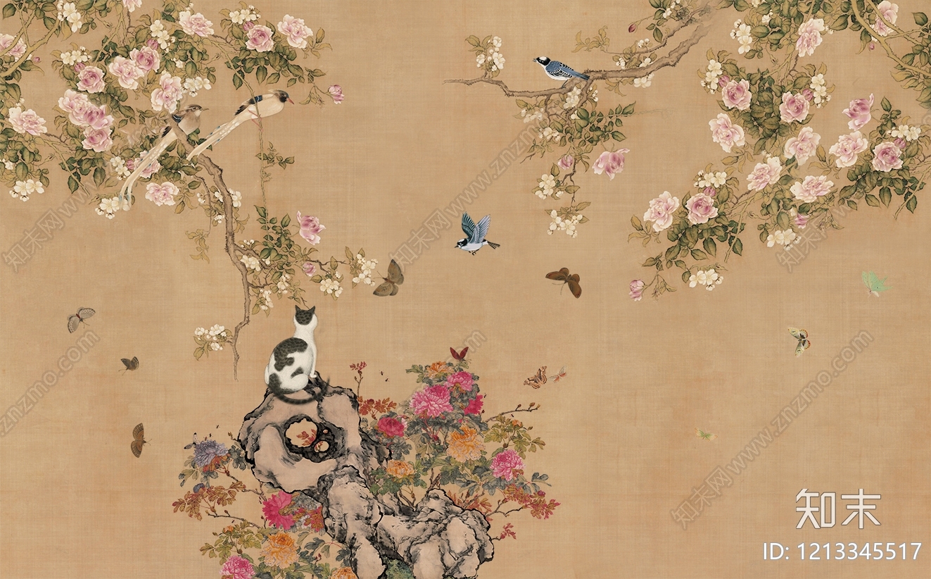 新中式中式花鸟壁纸贴图下载【ID:1213345517】