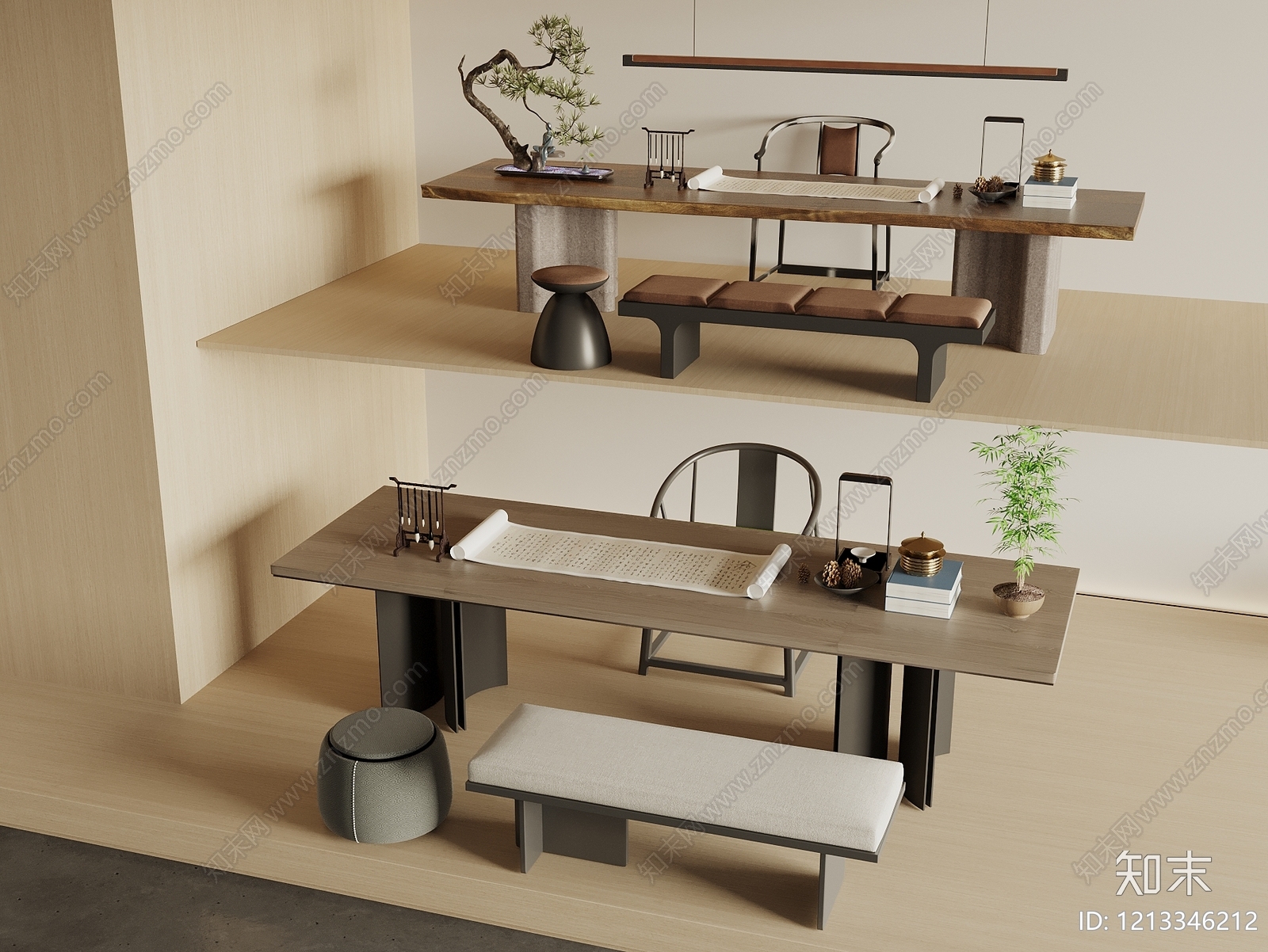 新中式书桌椅3D模型下载【ID:1213346212】