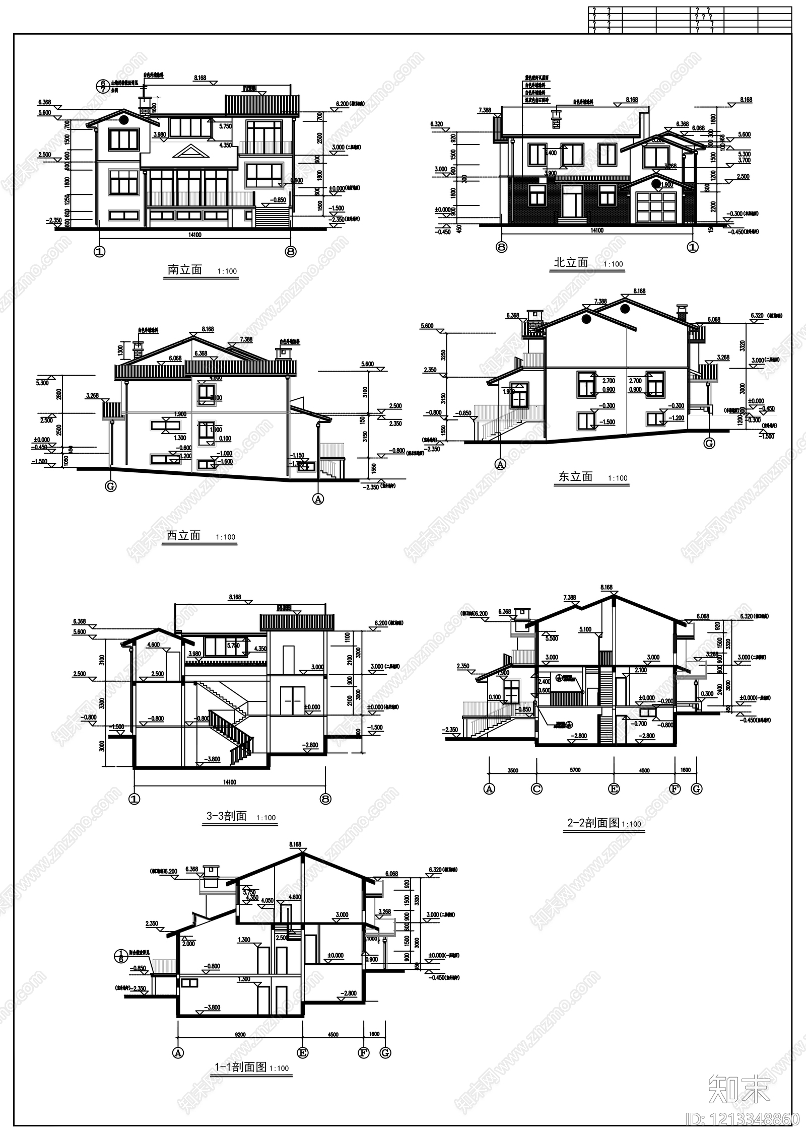 新中式别墅建筑cad施工图下载【ID:1213348860】
