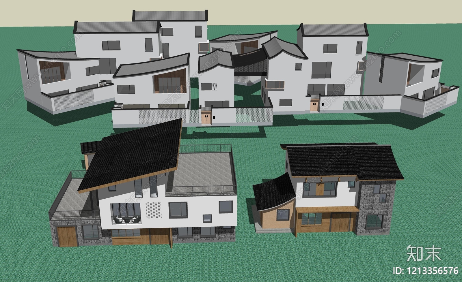 新中式民宿建筑SU模型下载【ID:1213356576】