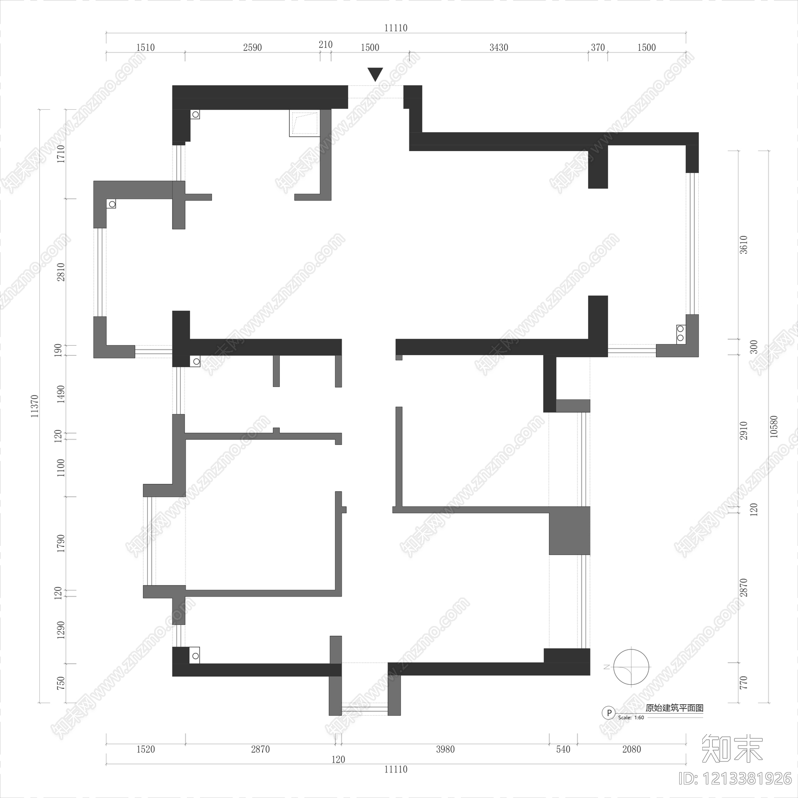 小户型平层cad施工图下载【ID:1213381926】