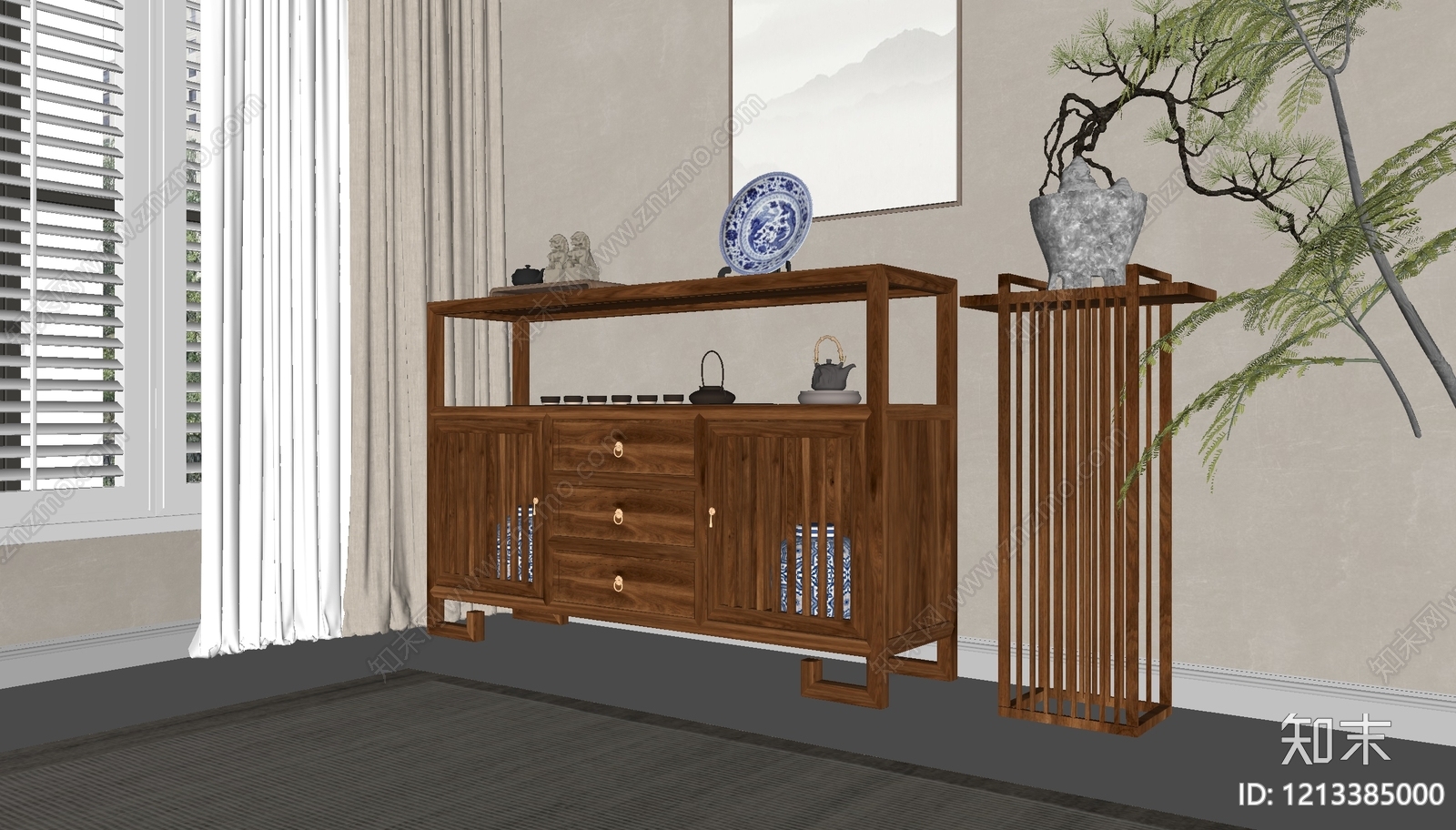 新中式餐边柜SU模型下载【ID:1213385000】