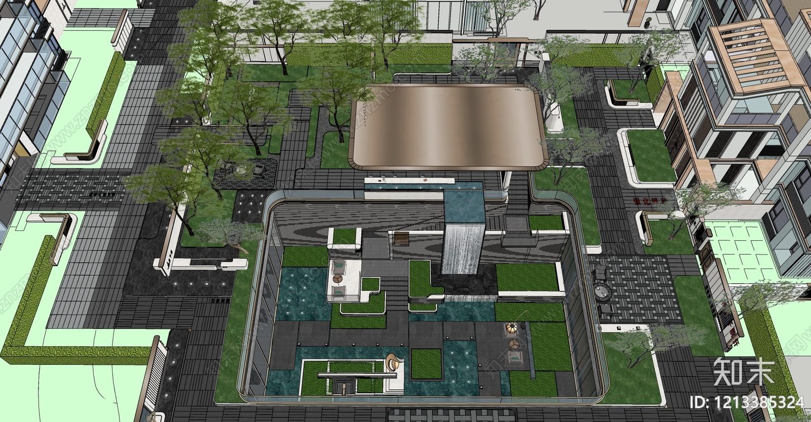新中式小区景观SU模型下载【ID:1213385324】