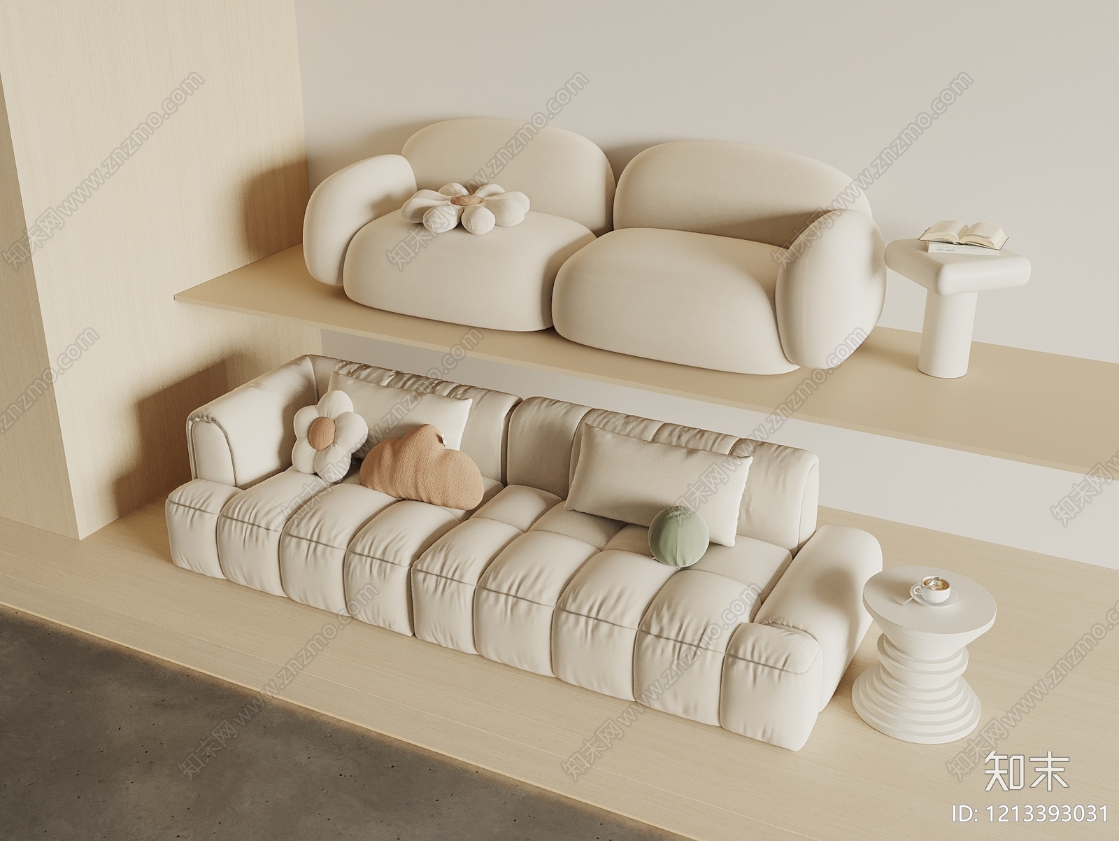 奶油风双人沙发3D模型下载【ID:1213393031】