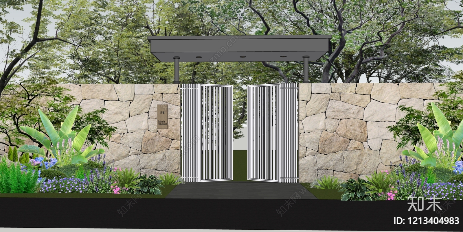 新中式景观入口大门SU模型下载【ID:1213404983】