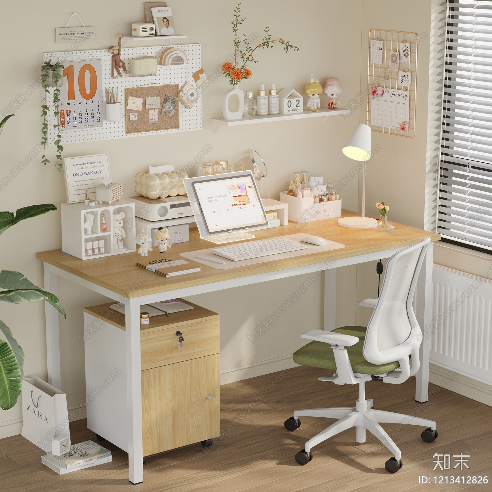 奶油风书桌椅3D模型下载【ID:1213412826】