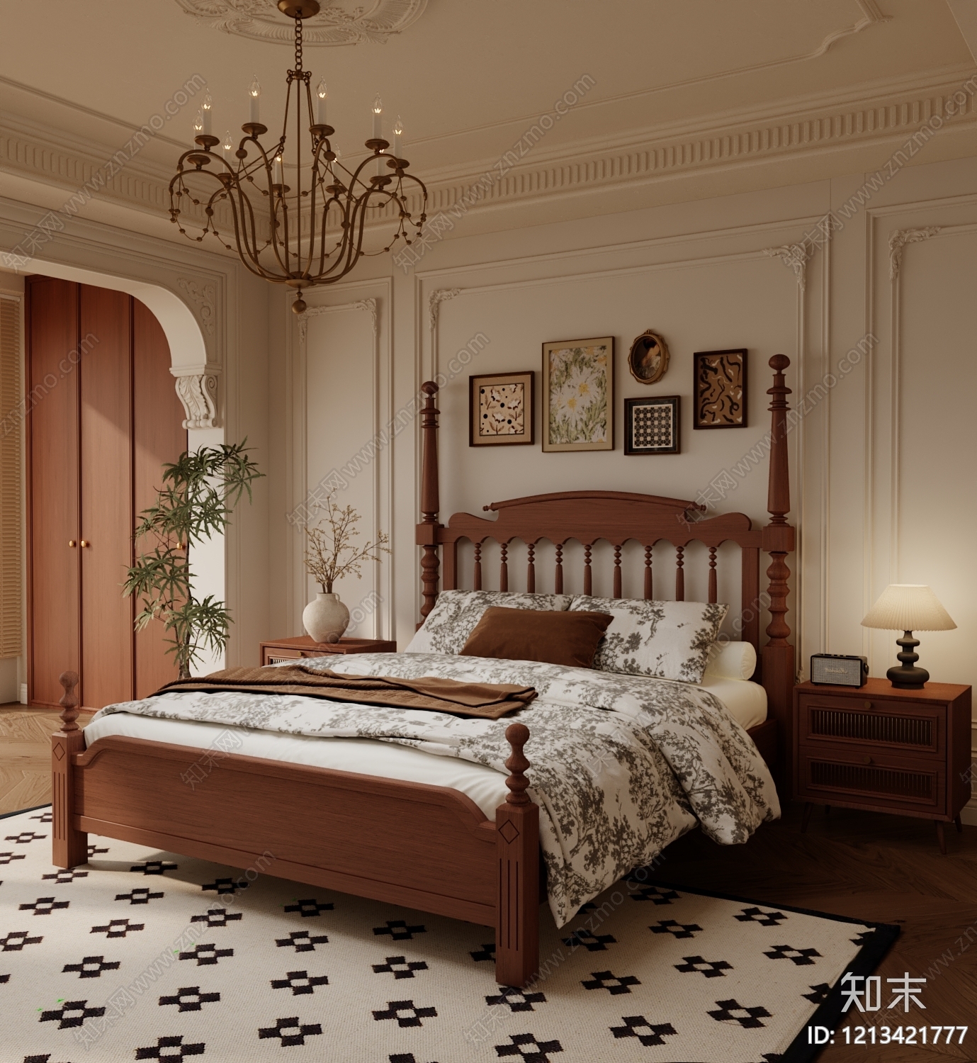 美式复古实木双人床3D模型下载【ID:1213421777】