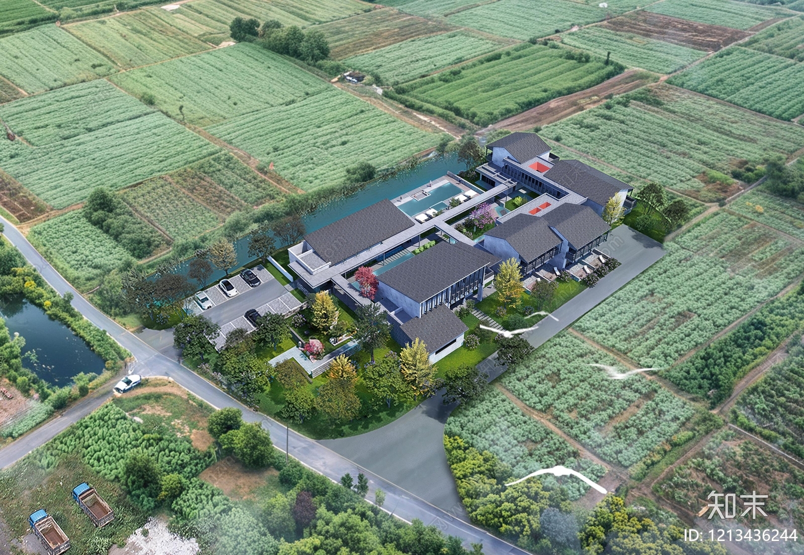 新中式民宿建筑SU模型下载【ID:1213436244】