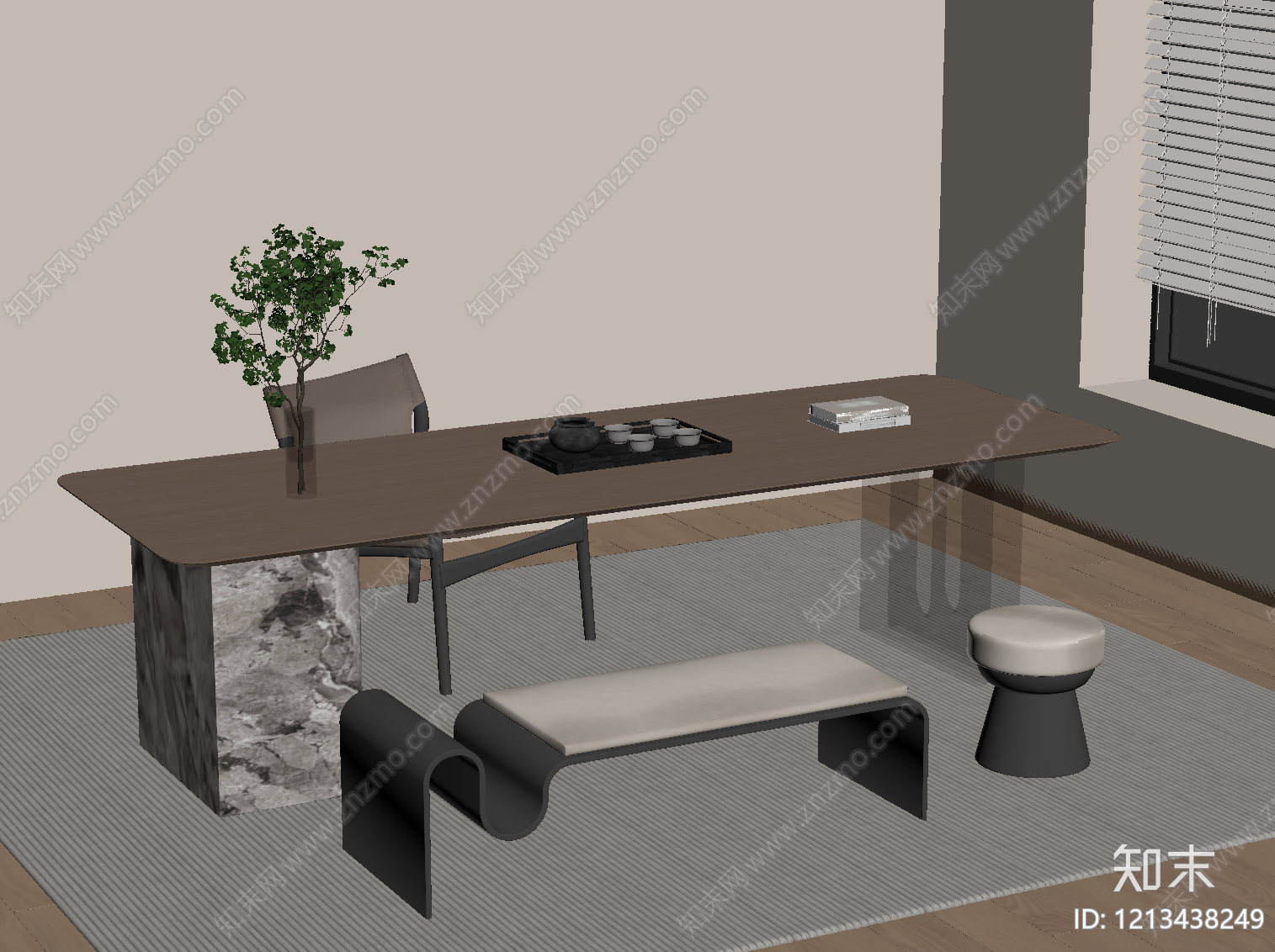 新中式茶桌椅SU模型下载【ID:1213438249】