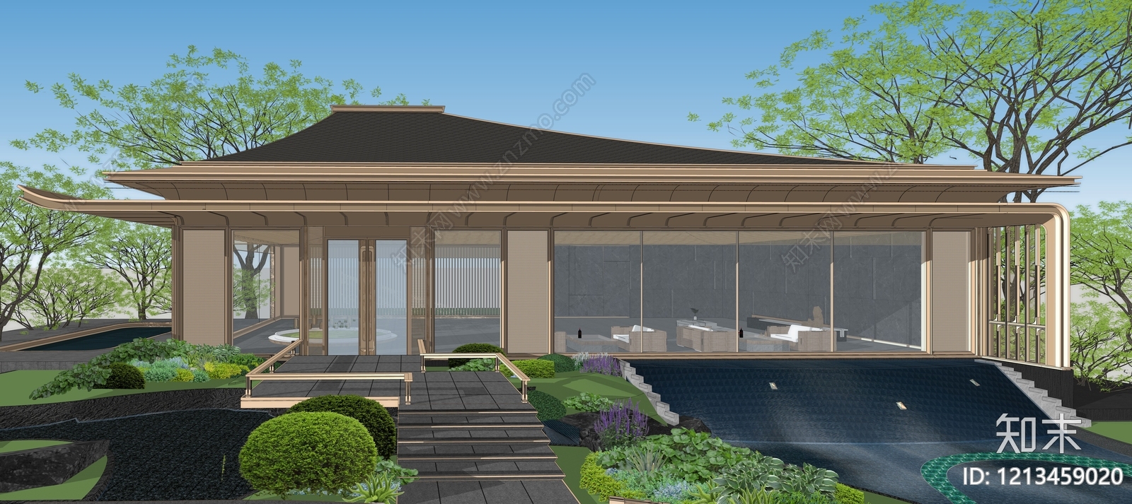 新中式售楼处建筑SU模型下载【ID:1213459020】